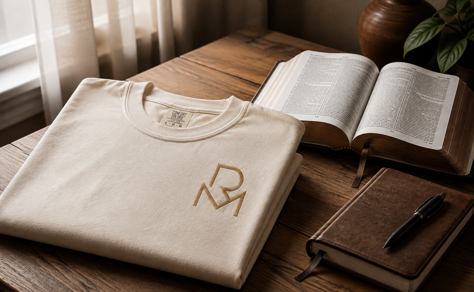 A folded Reverence Mission tee with the RM monogram logo beside an open Bible, a brown journal, and a pen on a wooden table in soft natural light